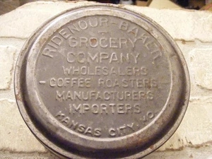 Lata de café vacía Ridenour-Baker comestibles Kansas City falta etiqueta de pintura - Imagen 1 de 7