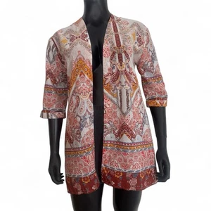 River Island Size 12 Beach Cover Up Top Open Front 3/4 Sleeve Beige Mix Holiday - Picture 1 of 12