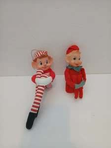 Weihnachten Elfe Elfen Pixie Knie Umarmung gestreift Ornamente rot grün 2er Set Vintage - Bild 1 von 8