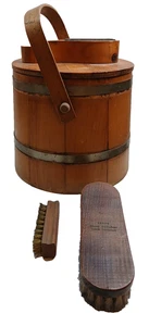 Vintage Shoe Shine Kit Wooden Barrel Bucket With Brushes - Picture 1 of 19