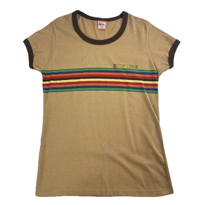 Винтажная футболка 70-х Ringer детская футболка женская подростковая L радужная полоса коричневая Багамские острова - Изображение 1 из 4