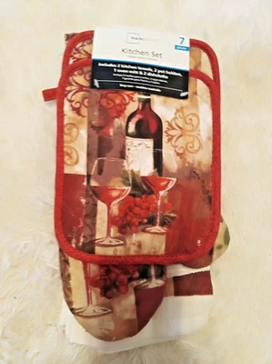 Kitchen Linen 7 Piece Set Dish Towels, Pot Holders, Oven Mitt, Wine Bottle Theme - Image 1 of 2