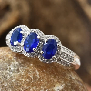 NATURAL MIDNIGHT BLUE SAPPHIRE & GENUINE TOPAZ SILVER COCKTAIL RING - Picture 1 of 11