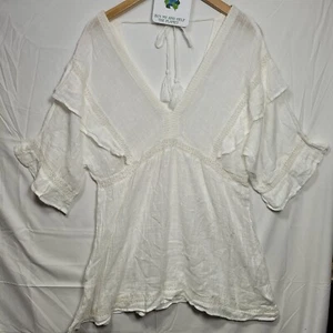 Short Blouson Dress Women Size M White Relaxed Bell 3/4 Sleeve - Picture 1 of 8
