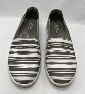 Clarks Cloudsteppers Canvas Slip-Ons Breeze Step Green/White Stripe 8M - Picture 1 of 8