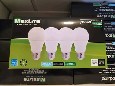 96 Bulbs (24 Packs of 4) Maxlite Dimmable LED 13W Daylight Light A19 100W 5000K - Image 1 of 4