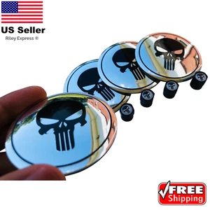 Punisher Hub Cap Wheel Center Sticker Decal 2.2" w/ Stem Tire Valve Caps BUNDLE - Picture 1 of 7