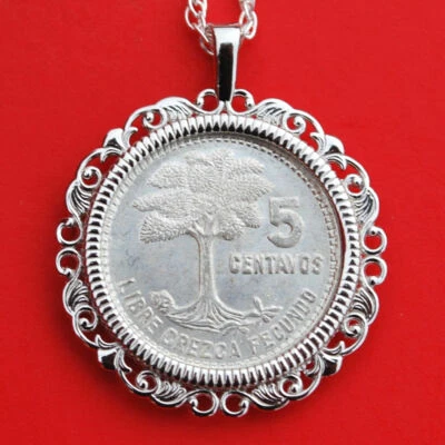 1955 Гватемала 5 сентаво 72% серебряная монета 925 пробы ожерелье новый - дерево капок - Изображение 1 из 4