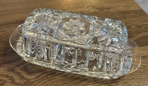 Pressed Heavy Glass Vintage Butter Dish with Lid 7" Star/Starburst Pattern - Picture 1 of 6