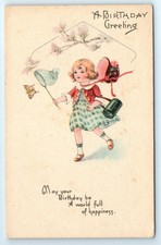 POSTCARD - artist drawn birthday greeting cute girl chases butterfly art nouveau