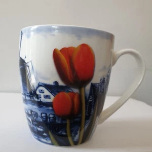 Heinen Delfts Blauw Blue & White Dutch Mug Red Tulips Holland Windmills - Picture 1 of 7