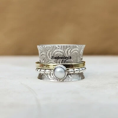 Anillo de perlas de plata de ley 925 anillo giratorio meditación declaración joyería A325 Foto 1 de 3