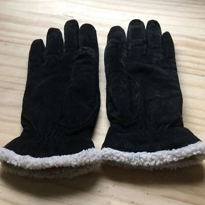 Isotoners Womens Black Suede Gloves White Faux Fur Lining Size L - Image 1 of 4