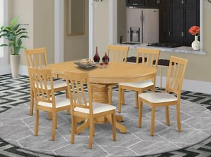 7pc oval dinette kitchen dining set table + 6 faux leather chairs in light oak - Picture 1 of 12