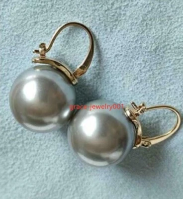 Huge AAAA 16mm gray south sea Round shell Pearl Earrings nice EARRINGS 14k gold - Image 1 of 4