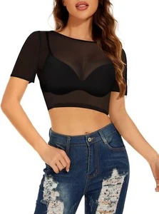Women's Short Sleeve See Though Crop Tops Sheer Tee Shirt Mesh Blouse for Par... - Picture 1 of 7