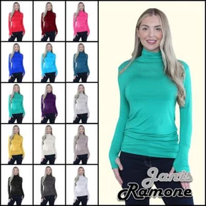 Langarm Damenpullover schlicht Daumenloch Polokragen dehnbar Freizeit T-Shirt Top - Bild 1 von 86