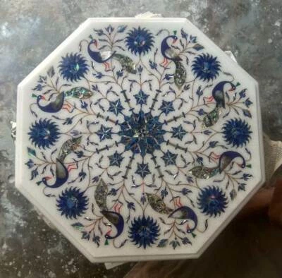 Mesa de mármol pavo real 24" incrustación Pietra Dura Art café malaquita decoración lapislázuli Foto 1 de 4