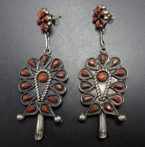 TOM LONG Navajo VINTAGE SterlingSilver OLD RED MED CORAL Squash Blossom EARRINGS - Picture 1 of 12