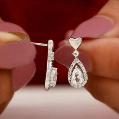 2Ct Pear Cut Simulated Diamond Drop Dangle Earrings In 14K White Gold Plated - Image 1 of 4