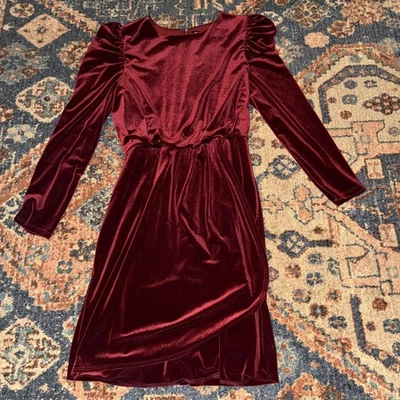 Express Red Crushed Velvet Ruched Body Con Dress Medium - Image 1 of 4
