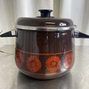 Vintage Emaille Suppentopf Kasserolle Herd groß braun orange 70er Jahre nie benutzt - Bild 1 von 9