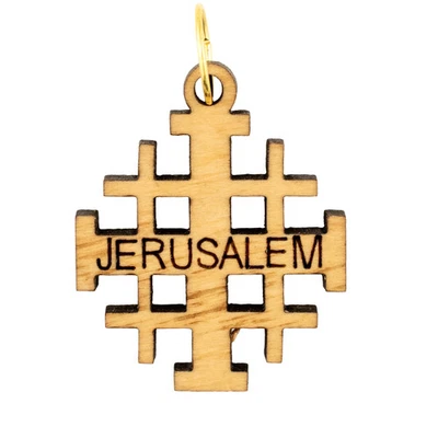 Pingente de madeira de oliveira de Belém Cruz de Jerusalém Oriente Médio marrom buraco grande - Imagem 1 de 3