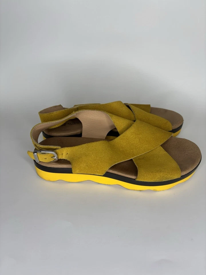 Eric Michael Sandals Sling Back Women Size 37 US 6 Yellow Suede Buckle  - Image 1 of 4