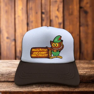 Woodsy Owl Mens Trucker Hat Brown Snapback 70s Old Advertisement Don't Pollute - Picture 1 of 7