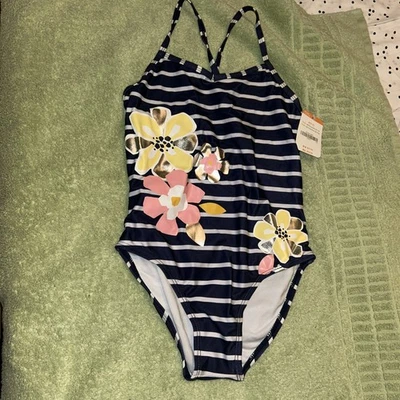 Nuevo con etiquetas Traje de baño de una pieza Gymboree para niñas talla M (7/8) azul marino a rayas con flores Foto 1 de 4