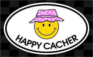 HAPPY CACHERS - Geocache - Geocaching vinyl oval decal - oval sticker - FEMALE - Picture 1 of 1