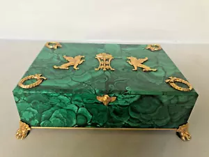 Vintage French Hinged Malachite Natural Stone Jewelry Box, French Empire Style. - Picture 1 of 15
