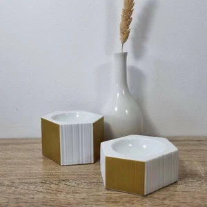 Vintage Arzberg Porcelain Candle Holders – Hexagonal White & Gold Pair (1980s) - Bild 1 von 7