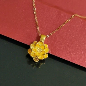Pure 999 24K Yellow Gold Lotus Flower Pendant With 18K O Chain Link Necklace - Picture 1 of 9