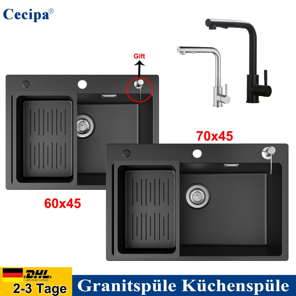 Granitspüle Küchenspüle Einbauspüle Spülbecken mit Seifenspender Eckig Spüle NEW - Bild 1 von 1