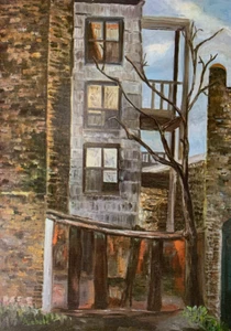 Vintage Gemälde von Michele Kunstdruck Gasse Stadt Wohnung Szene 17x21 - Bild 1 von 5