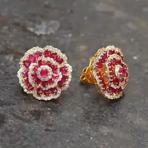 10.10ct Ruby Gemstone Stud Earrings 18K Solid Gold Diamond Pave Wedding Gift - Picture 1 of 7