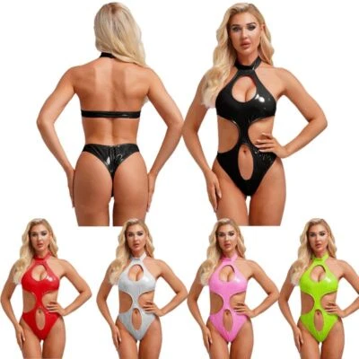Frauen Jumpsuit Nachtkleidung Bodysuit Lackleder Leotard Bodycon Kostüm Catsuit - Bild 1 von 4