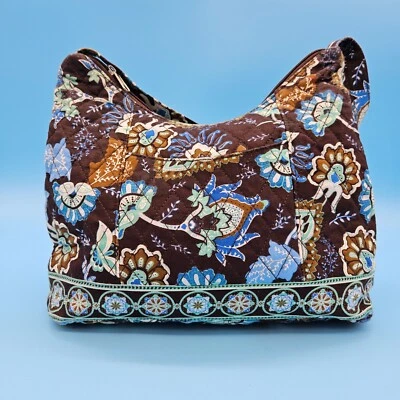 Handmade Quilted Tote Bag Purse Back Blue Teal Aqua White Brown Flower Pattern - Image 1 of 4