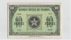 MOROCCO 10 Francs 1944, P-25, 1-3-44, S635 516, Original AU, Nice Grade. D5 - Picture 1 of 2