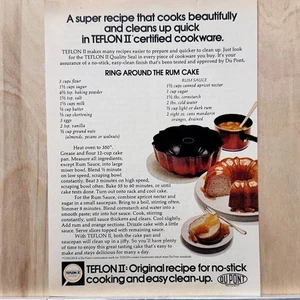 Utensilios de cocina certificados Teflon II 1972 anuncio impreso vintage DuPont con receta - Imagen 1 de 4