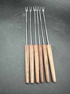Set 6 forchette a due punte per fonduta 10” stile teak vintage metà secolo - Foto 1 di 7