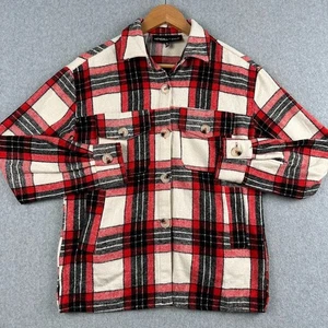 Camisa de Franela Kendall & Kylie Pequeña Roja Negra Crema A Cuadros Manga Larga Abotonada - Imagen 1 de 8