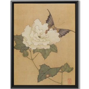 Framed Chinese Painting Japanese Canvas Artwork Wall Art White Peony Butterfly - Picture 1 of 9