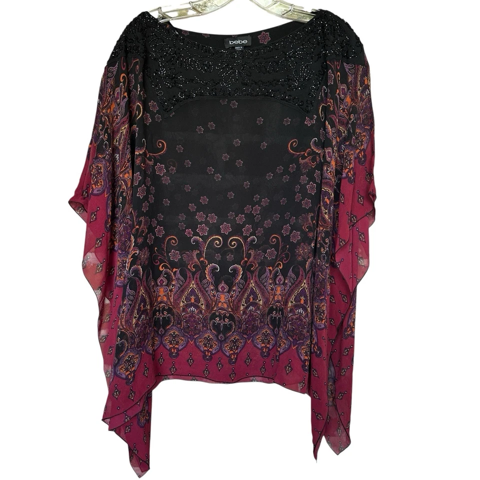 De Colección Bebe 100% Seda Top Grande M/L Manga Kimono Cuentas Acento Rojo Negro Y2K Foto 1 de 4