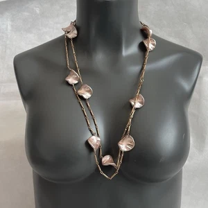 Vintage Rose Gold Tone Shell Petal Metal Beads Statement Necklace 59" - Picture 1 of 2