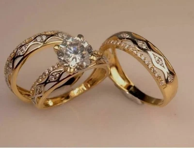 3Ct Round Cut Simulated Diamond Trio Set Ring 14k Yellow Gold Plated - Image 1 of 3