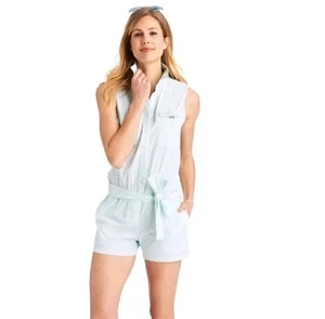 Vineyard Vines Sleeveless Seersucker Harbor Romper Size 12 Baby Blue & White - Picture 1 of 11