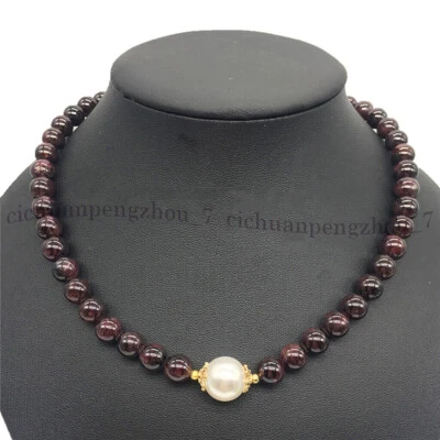 Elegante collar de cuentas redondas de perlas con caparazón blanco de 14 mm granate rojo oscuro de 8 mm 18"" Foto 1 de 3
