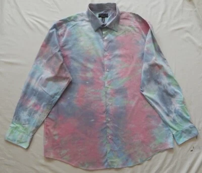 Tie Dye Pink Blue Long Sleeve Button Up Shirt - XL Mens Hand Made Cotton - Image 1 of 4